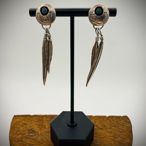 Sterling Silver Feather Dangle Earrings | Turquoise Accents | Navajo Style - Picture 1 of 5